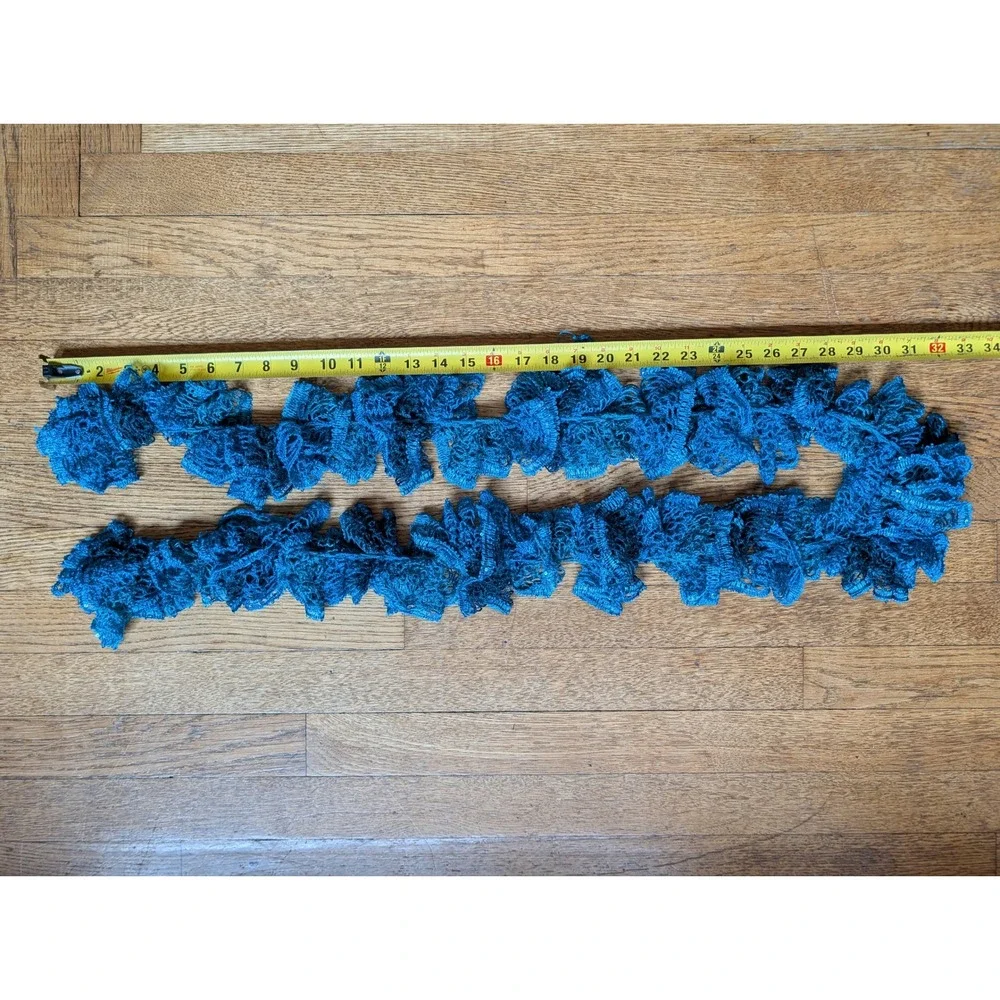 Vintage Y2K Teal Blue Ruffle Crochet Scarf Sequin Knit Curly Boho Accessory